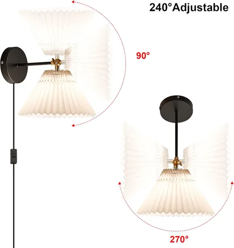 Vista 5 de Aplique de pared con enchufe, juego de 2 luminarias de luz de pared blanca con enchufe, lámpara de pared con cable de enchufe e interruptor