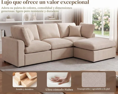 Vista 4 de Sofás modulares de nube seccionales para sala de estar, sofá modular grande con otomana, sofá de 3 plazas en forma de L con almohada, color beige