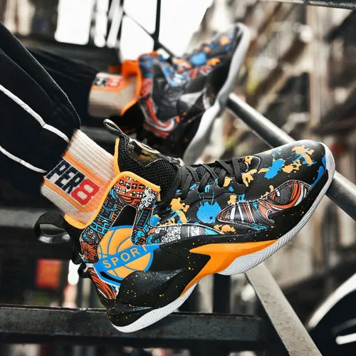 Vista 5 de MAUGELY Zapatillas de deporte de baloncesto para hombre, caña alta, para jóvenes, estudiantes, deportes, ocio, graffiti, zapatillas para correr
