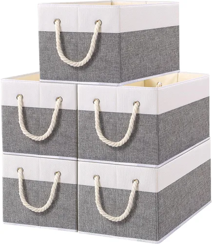 Vista 7 de Yawinhe Paquete de 3 cubos plegables de almacenamiento de tela, cubos plegables con asa de cuerda, organizadores grandes de armario para estantes