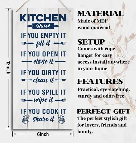Vista 2 de HALUOSI Letrero decorativo de madera para cocina, reglas de cocina, 12 x 6 pulgadas, blanco, rectangular, montaje en pared, duradero, madera