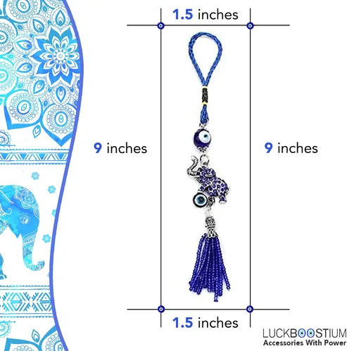 Vista 2 de LUCKBOOSTIUM Llavero de elefante de ojo malvado con borla de cuentas azules, dije decorativo para auto de mal de ojo y accesorio para colgar