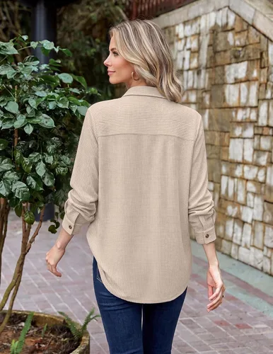 Vista 8 de Zeagoo Camisa de punto gofre para mujer, con botones, manga larga, con 01-albaricoque