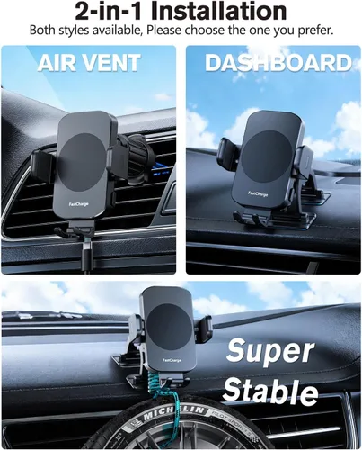 Vista 6 de Cargador de coche inalámbrico, soporte de teléfono de carga rápida de 15 W, soporte de teléfono con sujeción automática para parabrisas, ventilación