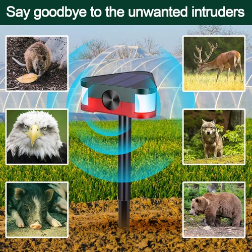 Vista 10 de Qualirey Paquete de 4 alarmas solares de 360° con sensor de movimiento para exteriores, 4 modos de disuasión ultrasónica de animales con 3 sirenas