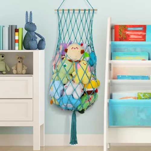 Vista 8 de Almacenamiento de Animales de Peluche de 68 Pulgadas, Hamaca Jumbo de Macramé para Animales de Peluche en Esquina, Hamaca Colgante de Pared y Techo
