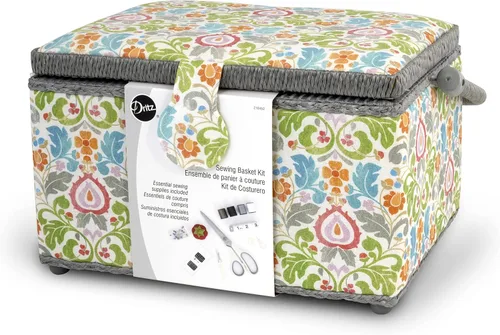 Vista 2 de Kit de cesta de costura mediana Dritz lleno de suministros esenciales de costura