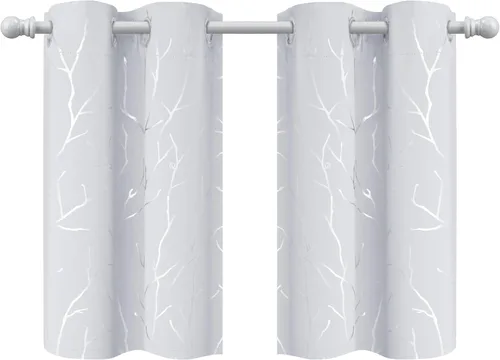 Vista 94 de BUHUA Cortinas pequeñas para ventana de 36 pulgadas de largo, 2 paneles, cortinas opacas con elegantes ramas de árbol plateadas, cortinas de bloqueo