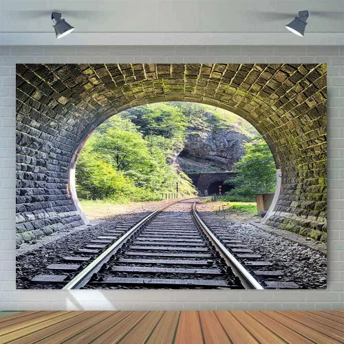 Vista 6 de Telón de fondo de pista de tren de 5 x 3 pies, túnel de montaña, ladrillo vintage, Sunmmer, paisaje, árboles verdes, sol, adulto, hombre, niño