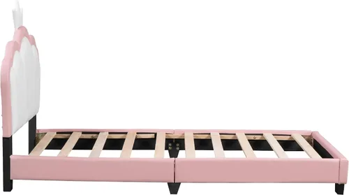 Vista 5 de Bonita cama de princesa tapizada de tamaño individual con cabecera corona, plataforma de piel sintética rosa para niños y niñas, no requiere somier