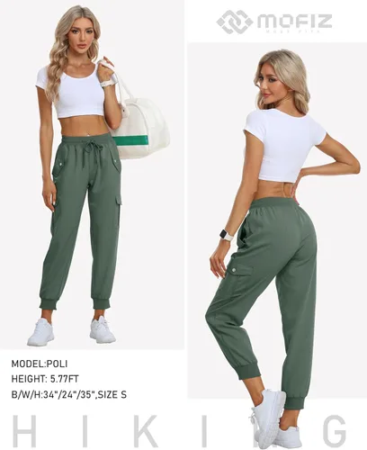 Vista 6 de MoFiz Pantalones cargo para mujer, ligeros, con cintura elástica, pantalones deportivos de senderismo, pantalones casuales de viaje con bolsillo