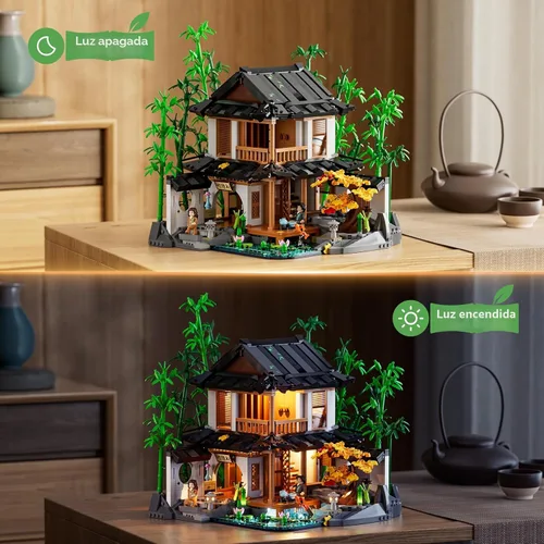 Vista 2 de Lumibricks Set de construcción de casa de bambú con iluminación - Colección de cabaña china retro y casa en el árbol con luz LED, 2432 piezas