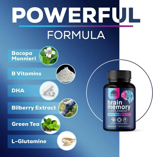 Vista 3 de Píldoras de suplemento de memoria cerebral, nootrópicos de fuerza 3X para concentración, claridad y apoyo de enfoque, salud cerebral, vitaminas