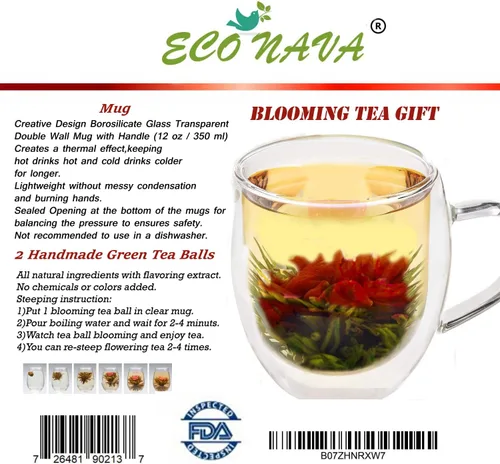 Vista 2 de ECO NAVA Taza de vidrio de doble pared de 11.8 fl oz / 12 oz con 2 bolas de té verde florecientes. Gran taza aislada de doble pared transparente