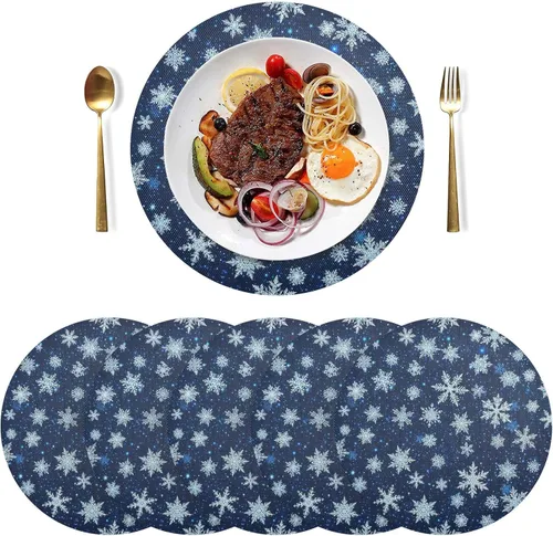 Vista 3 de White Blue Snowflakes Blue Dinner Table Placemats, Heat Resistant Non Slip Circle Washable Placemats for Kitchen one sizex1