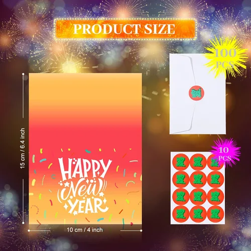 Vista 2 de Yexiya Juego de 100 tarjetas de feliz año nuevo a granel 2026 con sobres y calcomanías, tarjetas de felicitación de Año Nuevo, surtido de felices