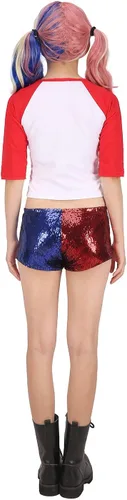 Vista 3 de HDE Pantalones cortos de lentejuelas rojas y azules para mujer de talla grande para disfraz de Halloween Harley Misfit, Azul, metálico, rojo