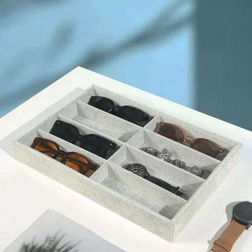 Vista 4 de Bandeja organizadora de lentes de sol, caja de exhibición de gafas de terciopelo gris beige, soporte organizador de gafas para escritorio en casa