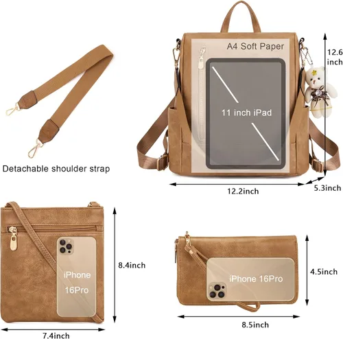 Vista 6 de Soperwillton Mochila de moda para mujer, bolso de hombro de cuero antirrobo, bolsa de viaje, múltiples bolsillos, cartera, juego de 3 piezas