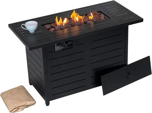 Vista 8 de Mazatzal Mesa para fogata de propano de 42 pulgadas, 60,000 BTU para exteriores con tapa, cubierta climática, roca de lava, hoguera rectangular