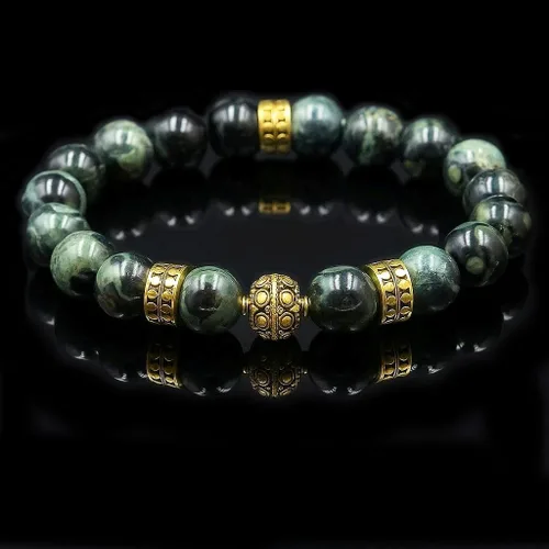 Vista 7 de Kartini Studio Pulsera de jade y oro, pulsera de cuentas de jade verde oscuro y oro, joyería de cuentas de calidad para hombre