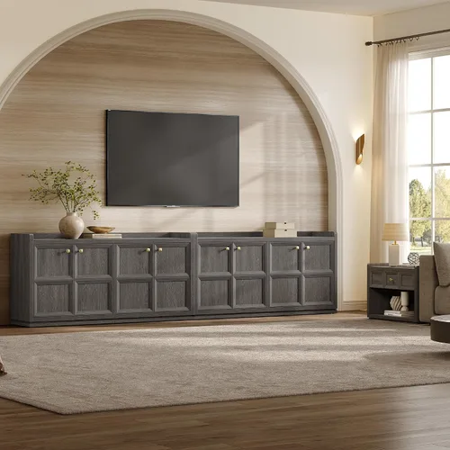 Vista 10 de SICOTAS - Armario buffet de 61.7 pulgadas, aparador de 4 puertas, cocina, sala de estar, roble marrón Geometric Doors & Elegant Gold Handle