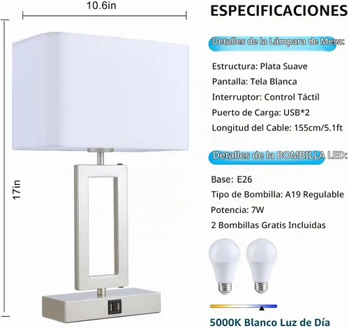 Vista 4 de BrightWe Juego de 2 lámparas de mesa para dormitorio, lámparas de mesa de control táctil con 2 puertos USB, lámparas de mesita de noche regulables