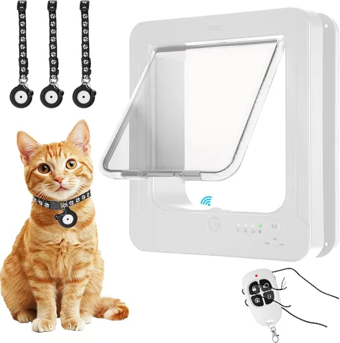 Vista 9 de Puerta inteligente para gatos con sensor de 3 collares, collar de puerta de gato RFID activado con control remoto, bloqueo de 4 vías, puerta Marrón