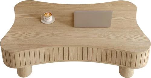 Vista 9 de Mesa auxiliar elevable con almacenamiento, moderna mesa central de 42 pulgadas con tres paneles de almacenamiento ocultos y estriados, elevación