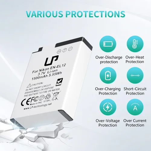 Vista 3 de LP Batería EN-EL12, paquete de 2 baterías de 1500 mAh compatibles con Nikon Coolpix A1000, B600, Coolpix AW130, A900, W300, S1200pj, S9900, S9500