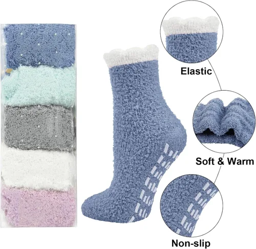 Vista 2 de Calcetines mullidos con empuñaduras para mujer, 5 pares suaves y esponjosos para dormir, acogedores, calcetines de hospital antideslizantes de felpa
