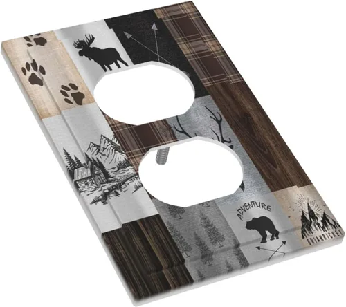 Vista 3 de Cubiertas de pared de lodge rústico retro con diseño de osos, ciervos y animales salvajes. Placas de pared dúplex simples para interruptor de luz.
