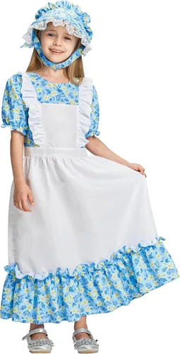 Vista 2 de Girls Pioneer Costume, Colonial Prairie Dress Bonnet 2 Pcs Floral Outfit for Kids Village Party Cosplay 3-10Y