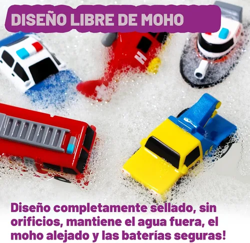 Vista 5 de Tub Works® Emergency™ Cars - Juguetes de baño iluminados, paquete de 6 Juguetes iluminados activados por agua parpadean y cambian