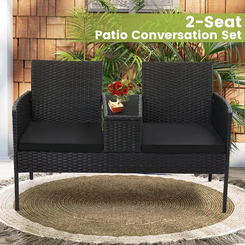 Vista 5 de Kromax Sofá biplaza de mimbre para patio de 2 asientos, sofá biplaza de Ratán negro con cojín negro