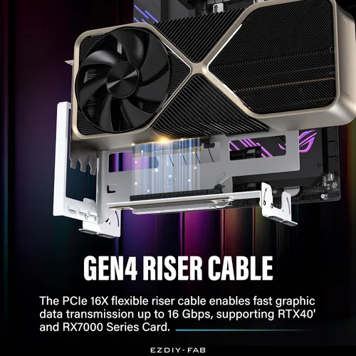 Vista 4 de EZDIY-FAB Soporte de montaje de GPU PCIe 4.0, ajuste multiángulo con cable vertical blanco, compatible con RTX4090, 4080, 4070ti, color blanco