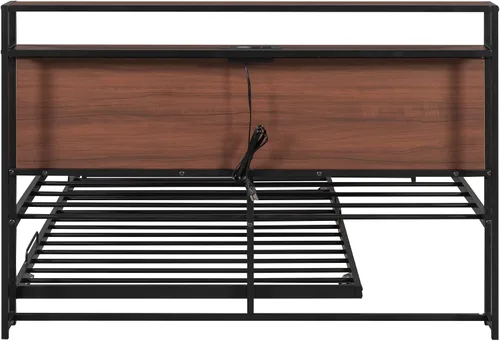 Vista 4 de SOFTSEA Marco de cama de plataforma de metal de tamaño matrimonial con nido, puertos USB con cabecera de almacenamiento de madera, cama de panel