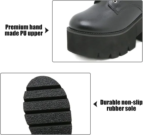 Vista 2 de mikarka Botas de plataforma de cadena para mujer, con cordones y cremallera, tacón grueso, botines de combate negros, botas de motocicleta