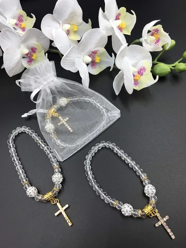 Vista 2 de 12 Nuevo Cristal Blanco/Oro Pulsera Bautizo con Cruz con Bolsas de Organza Recuerdos de Bautizo