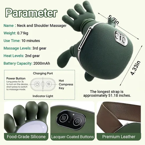 Vista 6 de Masajeador de cuello con dedos, masajeador térmico biónico, masajeador de cuello y hombros, masaje eléctrico inalámbrico portátil Shiatsu 4D, diseño