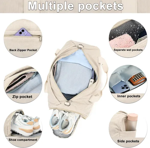 Vista 5 de Bolsa de lona para gimnasio, deportes, mujeres y niñas, bolsa de viaje de entrenamiento para fin de semana con compartimento para zapatos y bolsillo