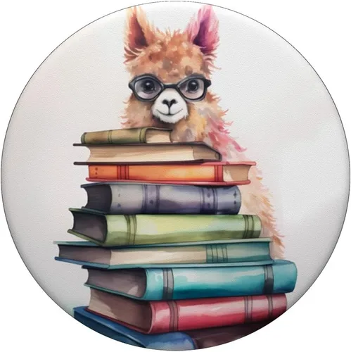 Vista 3 de Alpaca con una pila de libros. Alpaca literaria, PopSockets de animales intercambiables PopGrip