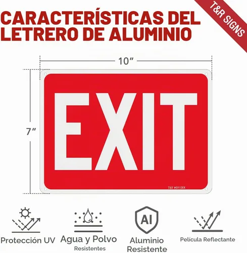 Vista 2 de T&R Letrero de salida - Paquete de 2 - 10 x 7 pulgadas, aluminio inoxidable .040 reflectante, protección UV, impermeable, resistente a la intemperie