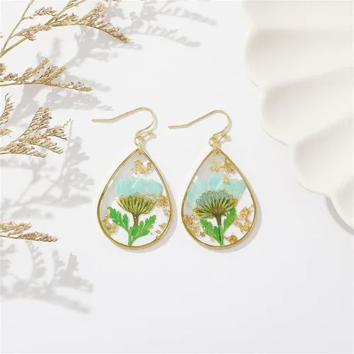 Vista 2 de Aretes colgantes de lágrima de flores, aretes de flores prensadas, aretes colgantes de resina con flores secas, regalo de joyería para mujeres