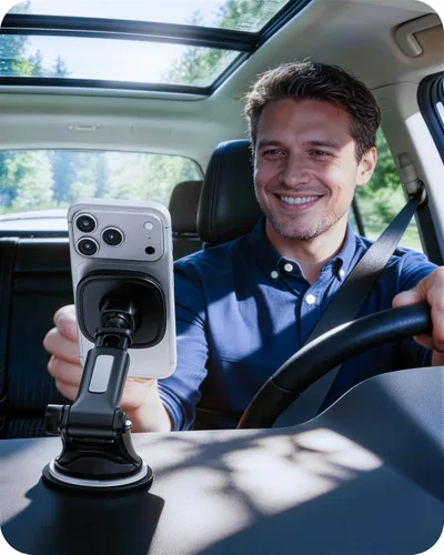 Vista 2 de APPS2Car - Soporte magnético para automóvil, tablero de instrumentos y parabrisas con ventosa con brazo telescópico, soporte magnético para teléfono