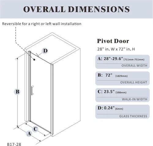 Vista 2 de Puerta de ducha de baño, puerta de ducha de vidrio templado sin marco, panel de ducha de 28" de ancho x 72" de alto, puerta de ducha batiente simple