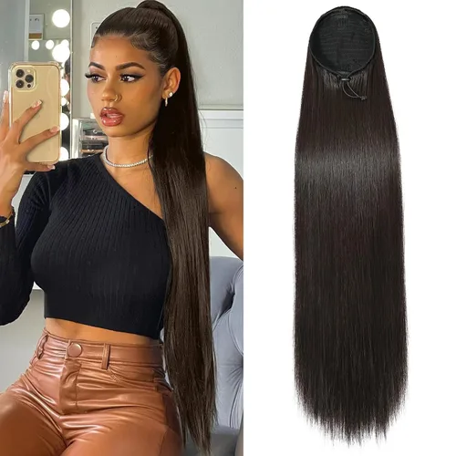 Vista 21 de SEIKEA Extensiones de cola de caballo con cordón, larga y recta, cola de caballo falsa, natural, suave, extensiones de cabello sintético resistente