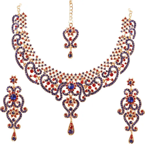 Vista 42 de Conjunto precioso de collar con look real Indian Bollywood, maravillosamente decorado, conjunto de collar adornado para mujer.