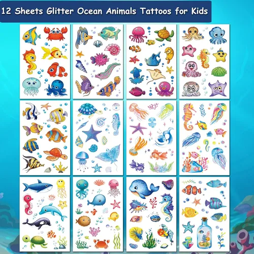 Vista 2 de Tatuajes temporales de animales marinos con purpurina para niños, más de 120 tatuajes falsos de animales oceánicos de dibujos animados para niñas
