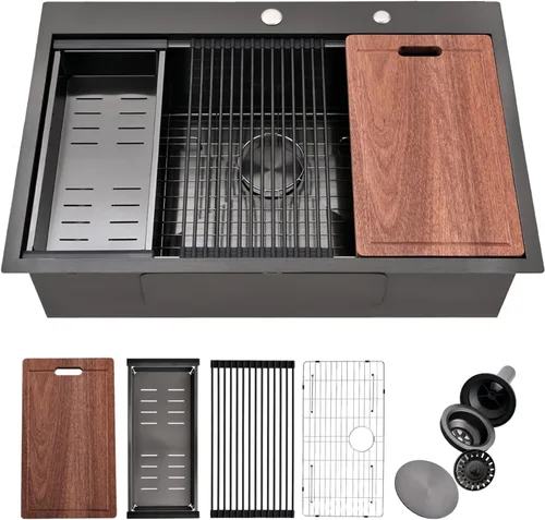 Vista 9 de Fregadero de cocina de 33 x 22 pulgadas, fregadero de cocina negro de 33 pulgadas, fregadero de estación de trabajo de acero inoxidable 304 negro